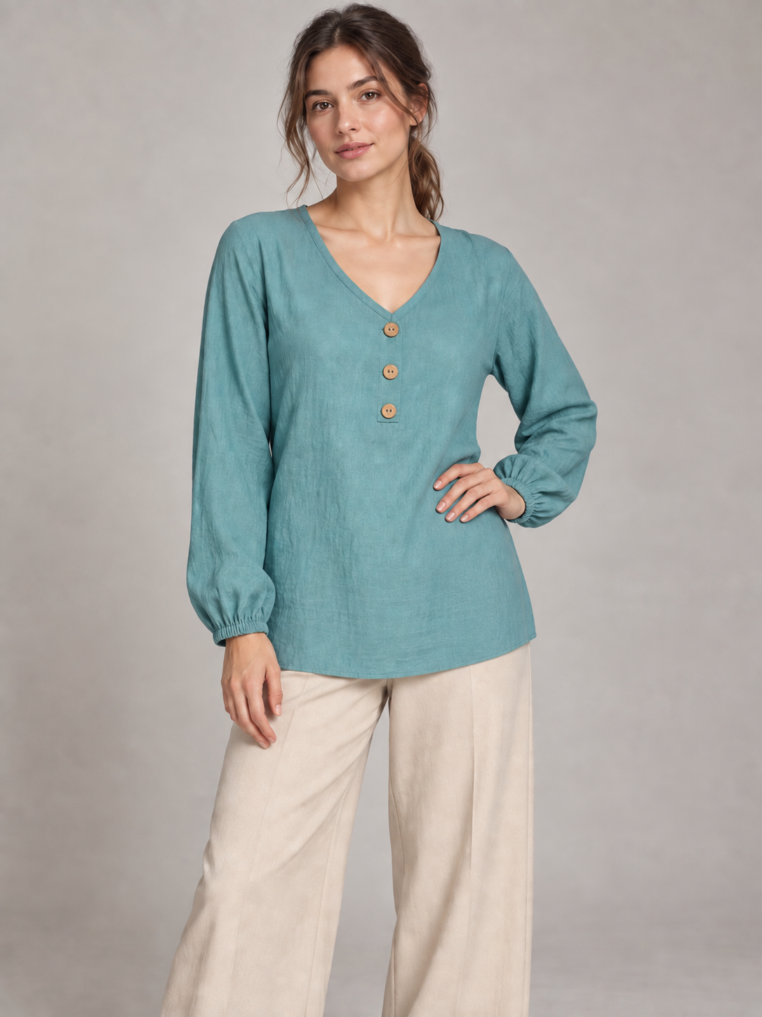 A454-Blusa Polera Cuello V con Botones