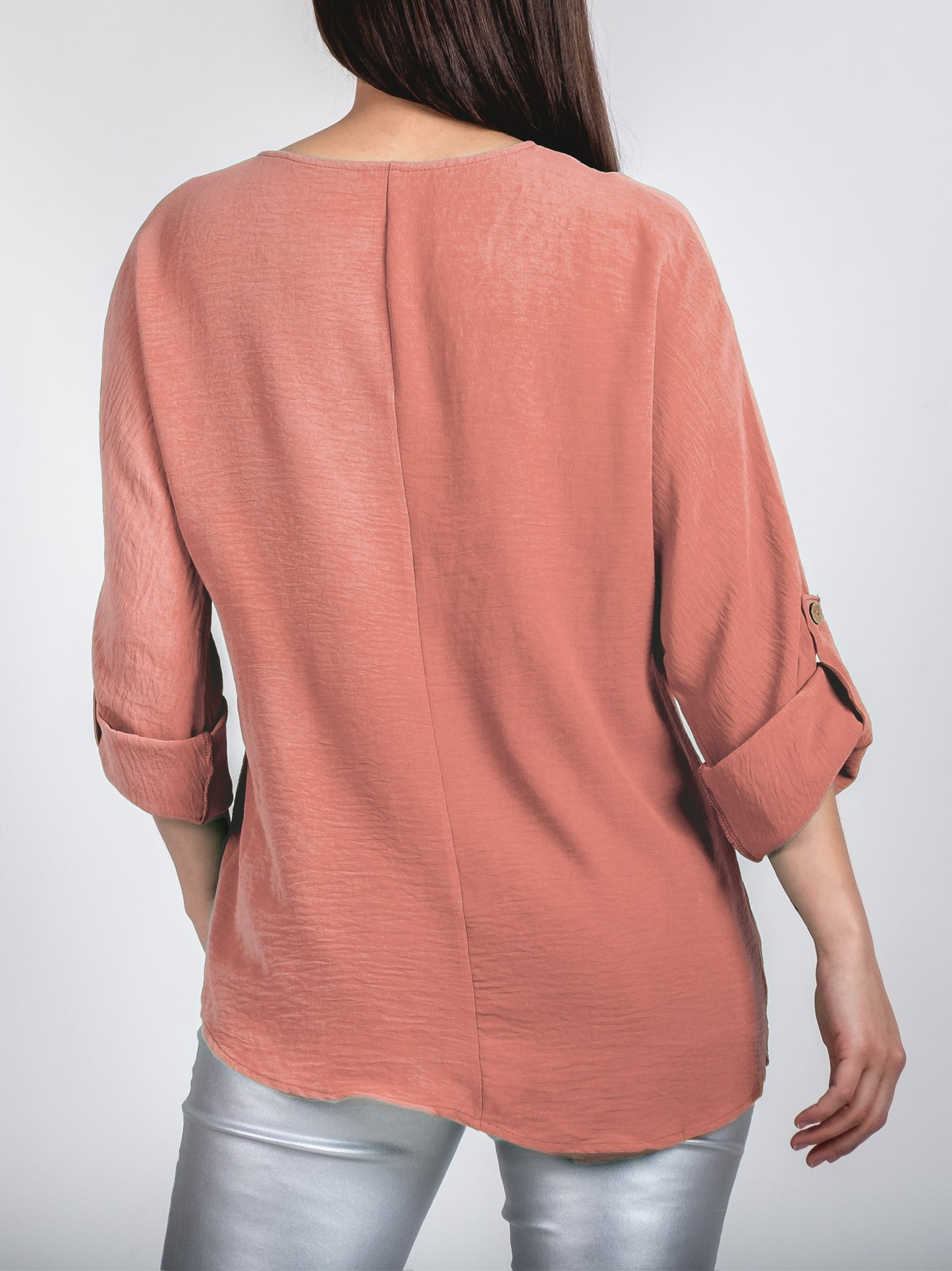 A329- Blusa de Manga Larga Ajustable a 3/4, con Cuello Redondo