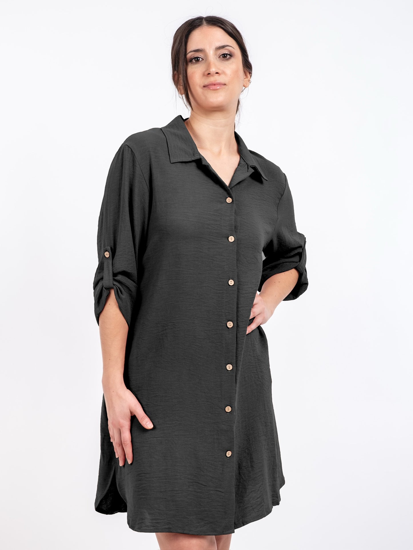 A205 - Vestido Liso con Boton y Bolsillo