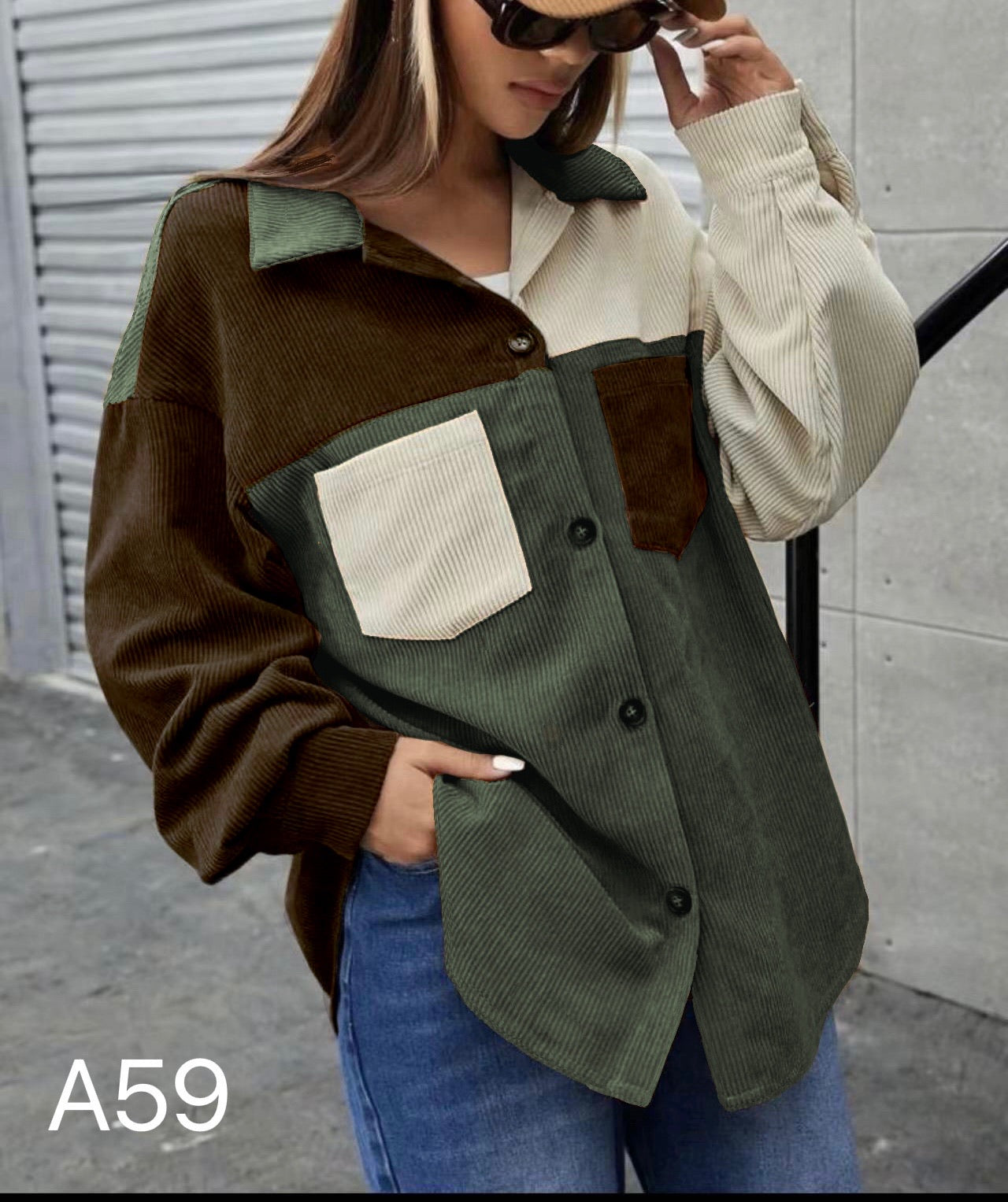 A59 - Camisa Cotelé Manga Larga Mujer Tricolor