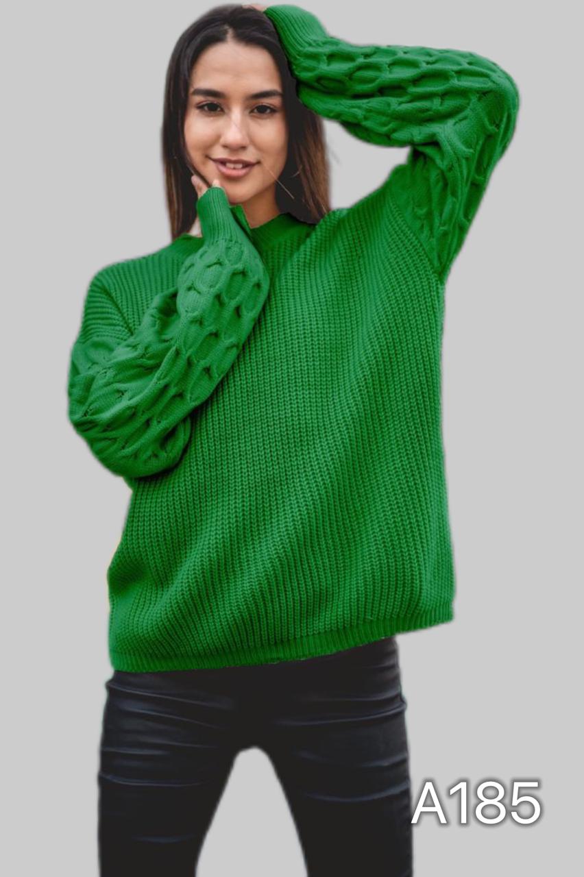 A185 - Sweater de Lana con Relieve Panal en las Mangas