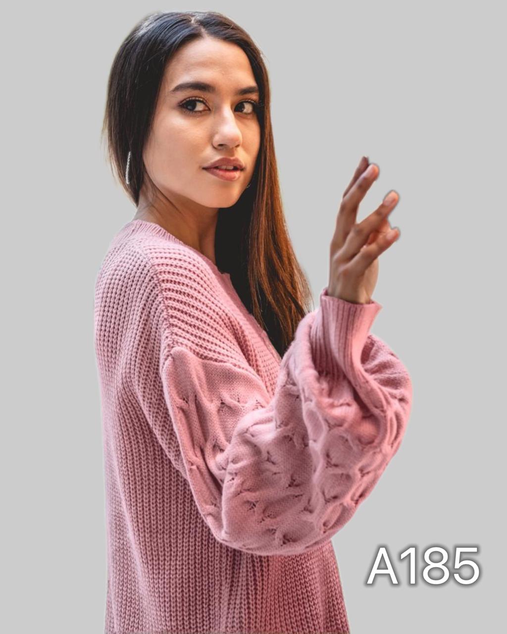 A185 - Sweater de Lana con Relieve Panal en las Mangas