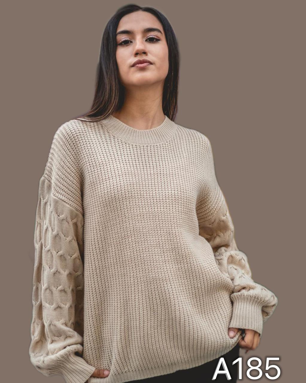 A185 - Sweater de Lana con Relieve Panal en las Mangas