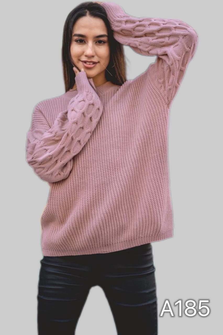 A185 - Sweater de Lana con Relieve Panal en las Mangas