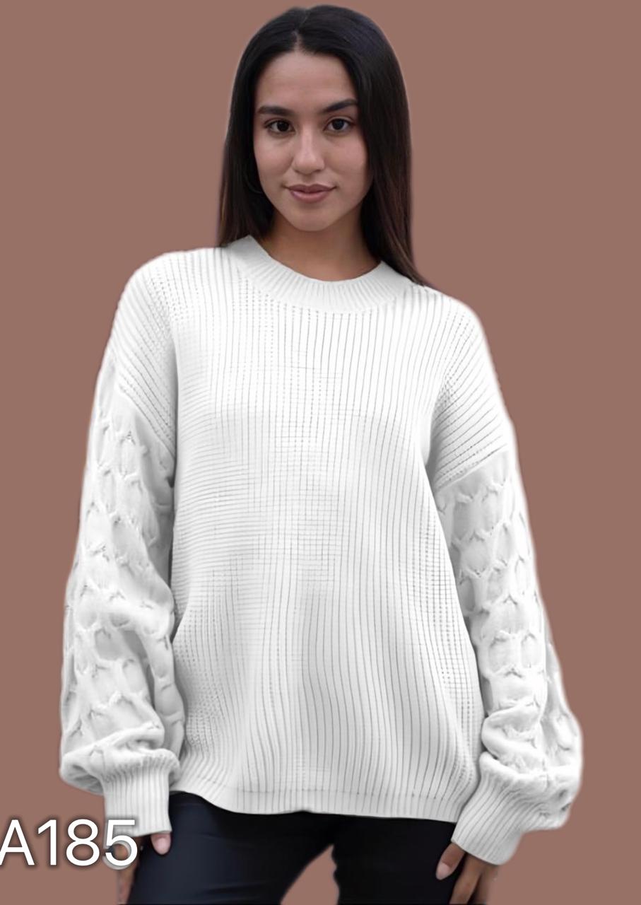 A185 - Sweater de Lana con Relieve Panal en las Mangas