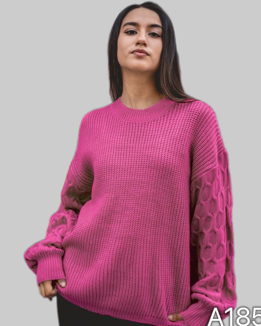 A185 - Sweater de Lana con Relieve Panal en las Mangas