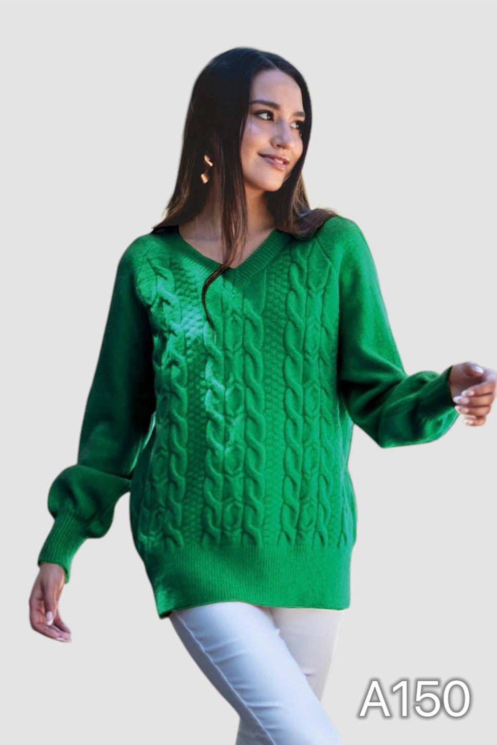 A150 - Sweater Cuello V con Diseño Trenzado