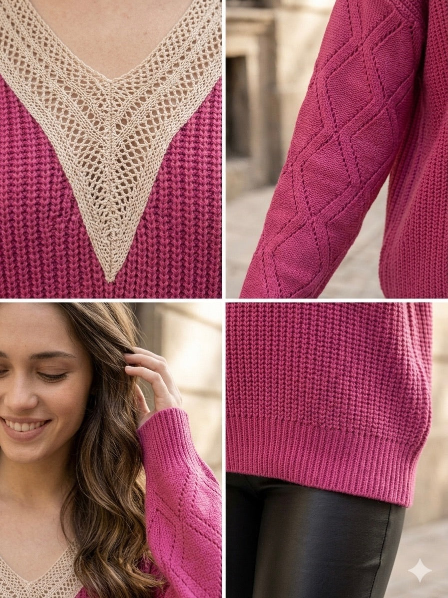 A131 - Sweater de Lana, Cuello Dorado y Mangas Calado