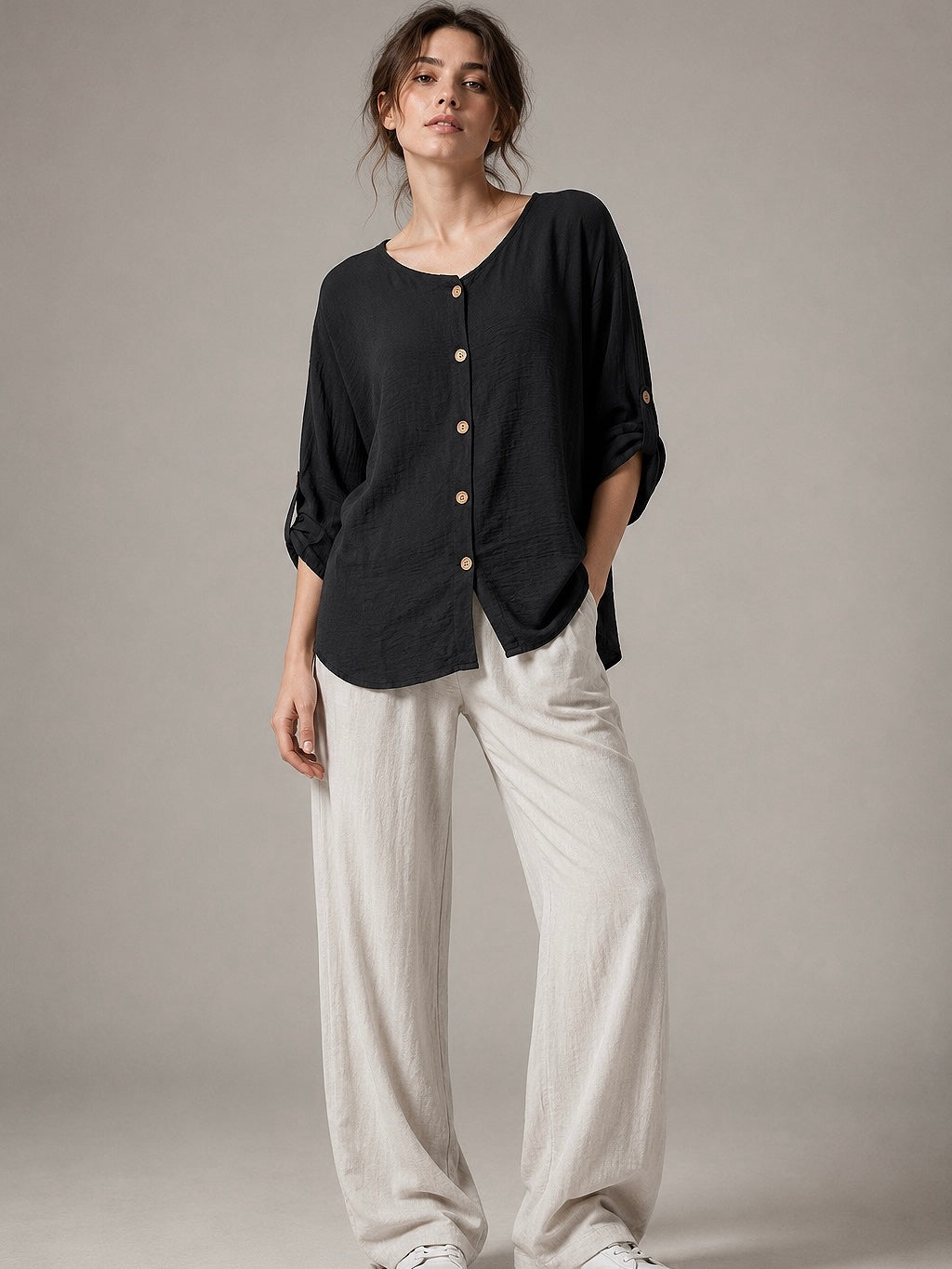 A329- Blusa de Manga Larga Ajustable a 3/4, con Cuello Redondo