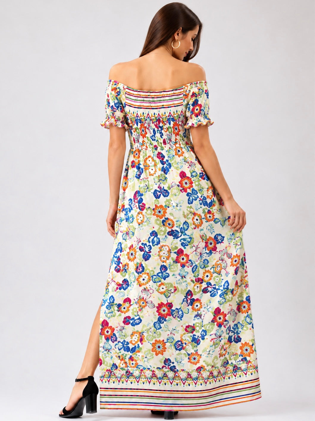 A140 - Vestido largo estampado con hombros descubiertos