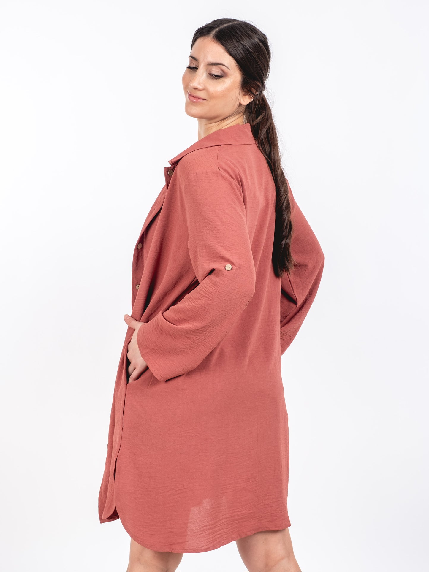 A205 - Vestido Liso con Boton y Bolsillo