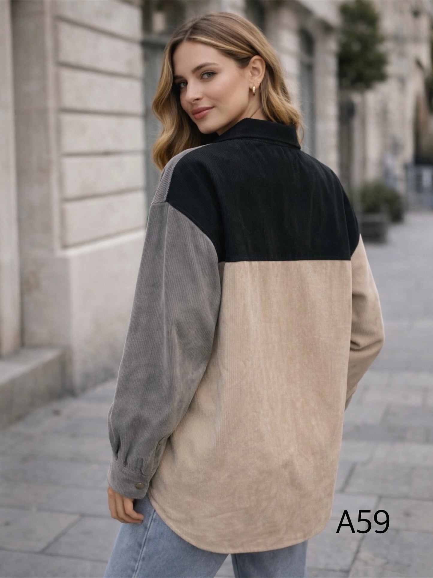 A59 - Camisa Cotelé Manga Larga Mujer Tricolor