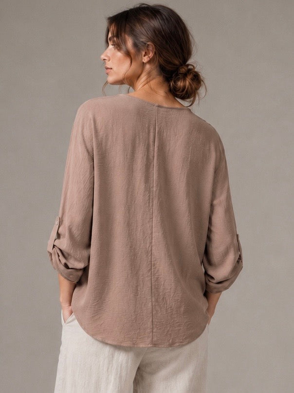 A329- Blusa de Manga Larga Ajustable a 3/4, con Cuello Redondo