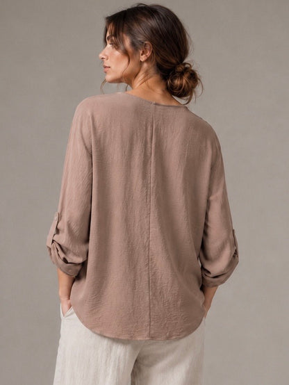 A329- Blusa de Manga Larga Ajustable a 3/4, con Cuello Redondo