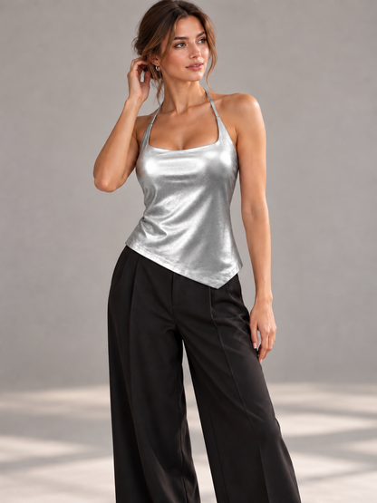 A142- Polera Halter Metalizada