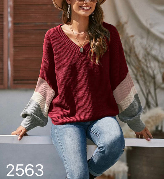 2563 - Sweater Cuello V Con Colores En Las Mangas