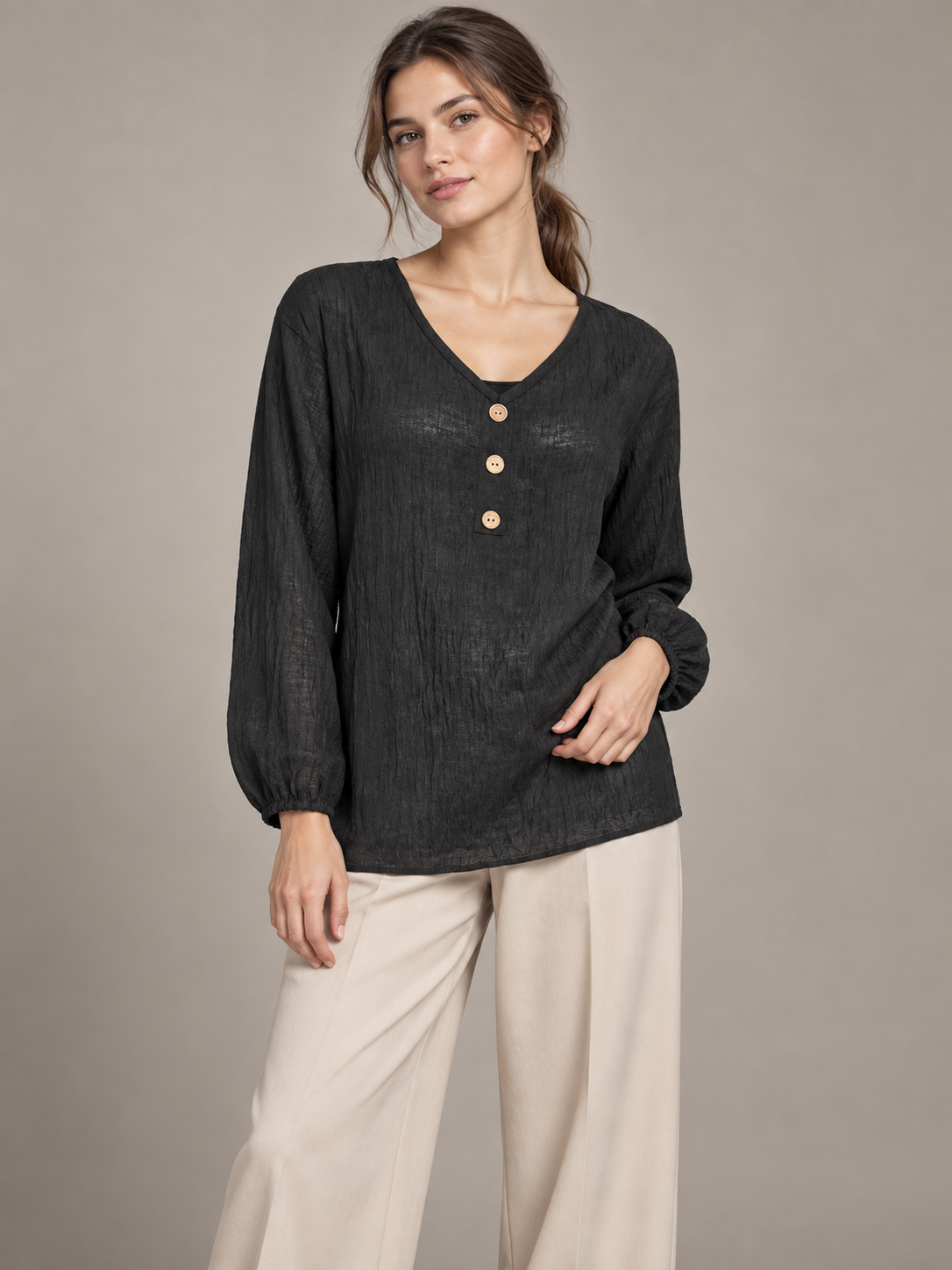 A454-Blusa Polera Cuello V con Botones