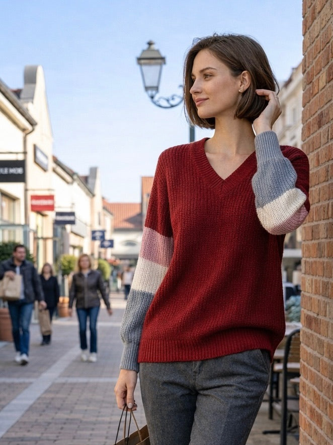 2563 - Sweater Cuello V Con Colores En Las Mangas