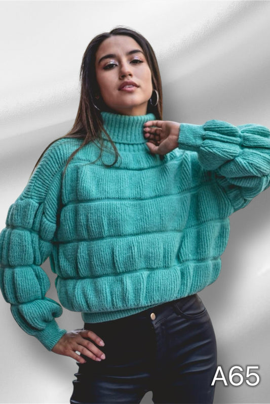 A65 - Sweater de Lana Manga Globo Cuello Alto