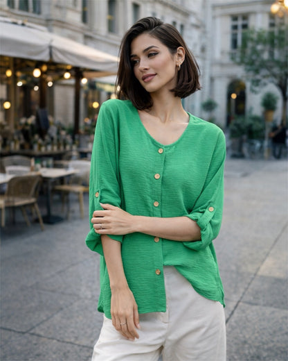 A329- Blusa de Manga Larga Ajustable a 3/4, con Cuello Redondo