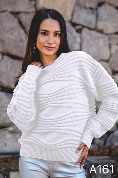 A161 - Sweater Cuello Redondo con Relieve Manga Larga
