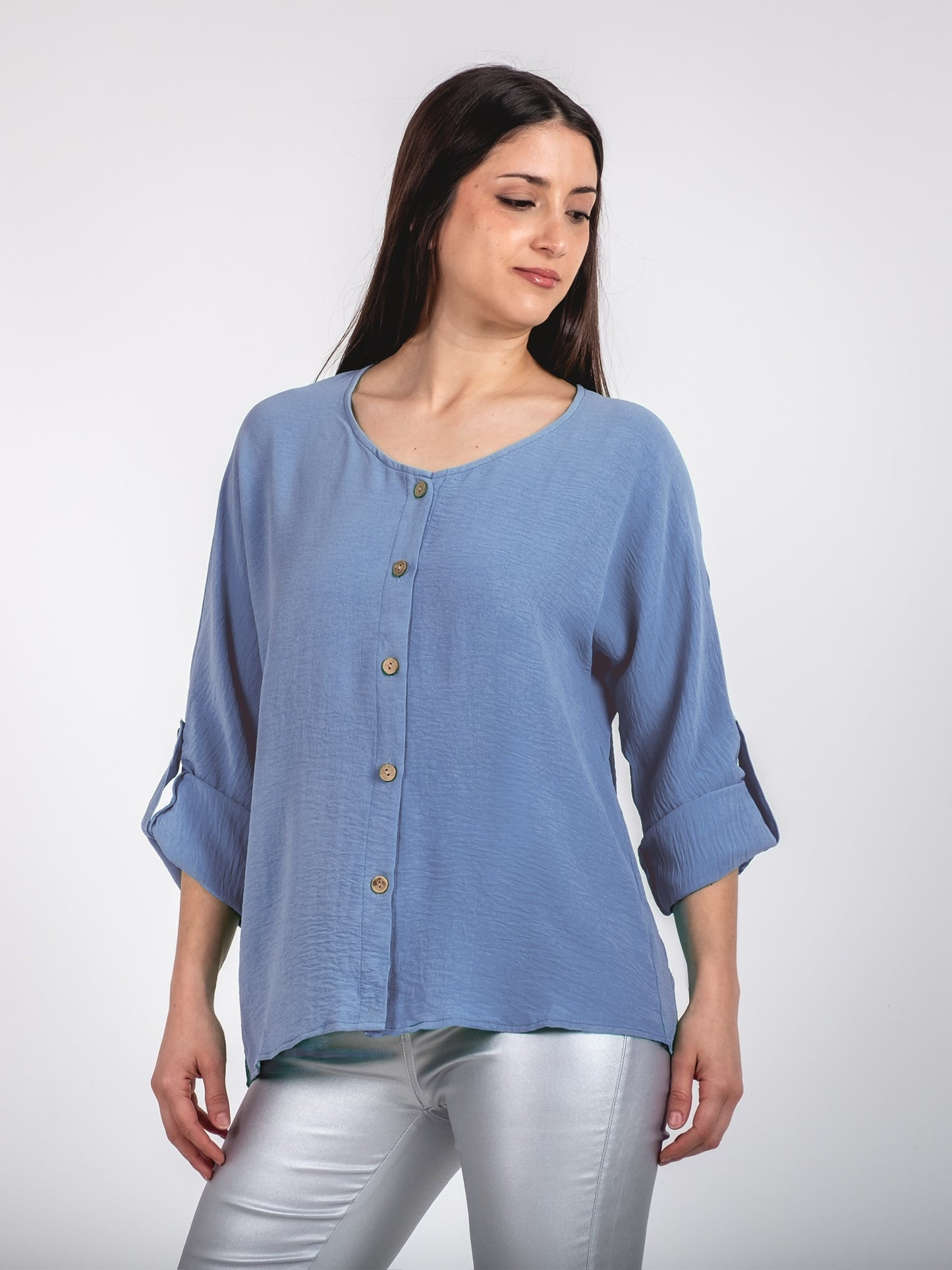 A329- Blusa de Manga Larga Ajustable a 3/4, con Cuello Redondo
