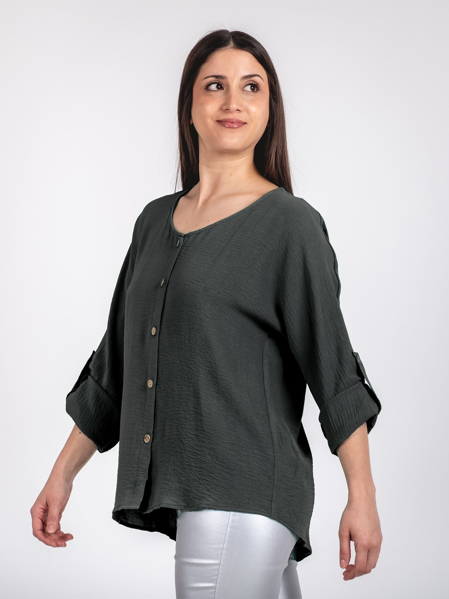 A329- Blusa de Manga Larga Ajustable a 3/4, con Cuello Redondo