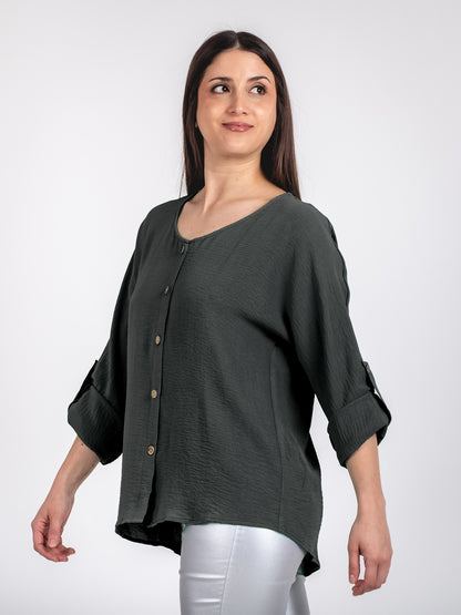 A329- Blusa de Manga Larga Ajustable a 3/4, con Cuello Redondo