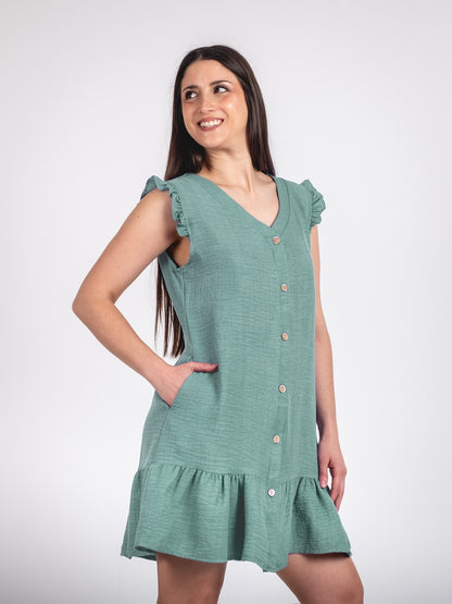 A244 - Vestido Corto con Botón y Vuelo