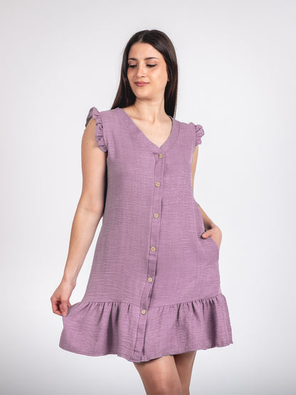 A244 - Vestido Corto con Botón y Vuelo