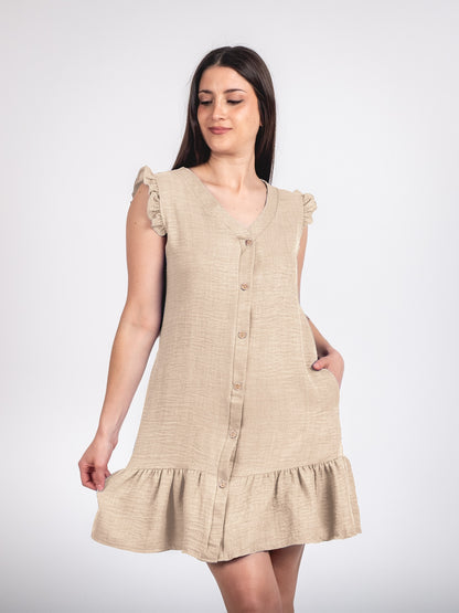 A244 - Vestido Corto con Botón y Vuelo