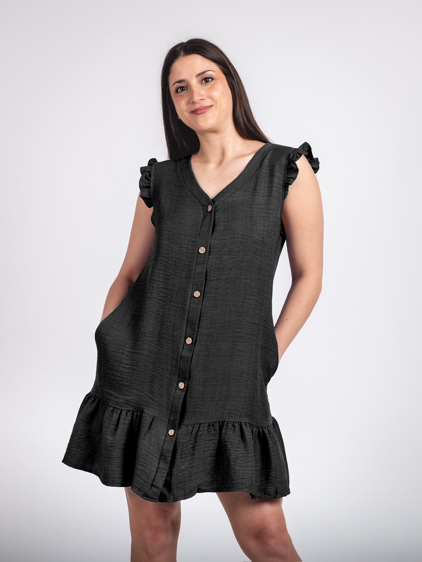 A244 - Vestido Corto con Botón y Vuelo