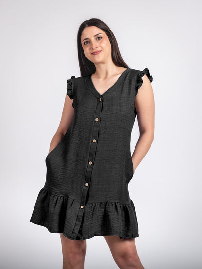 A244 - Vestido Corto con Botón y Vuelo