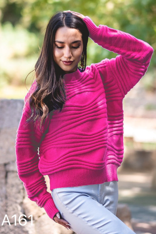 A161 - Sweater Cuello Redondo con Relieve Manga Larga