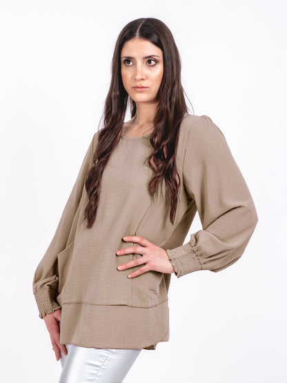 A283 - Polera Manga Larga Puño Elasticado Cuello Redondo y Bolsillos