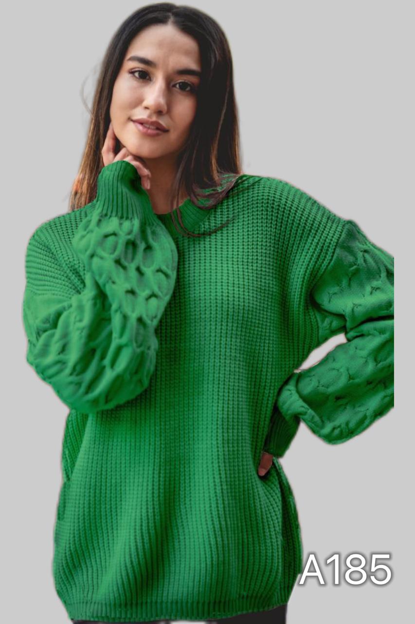 A185 - Sweater de Lana con Relieve Panal en las Mangas