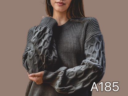 A185 - Sweater de Lana con Relieve Panal en las Mangas