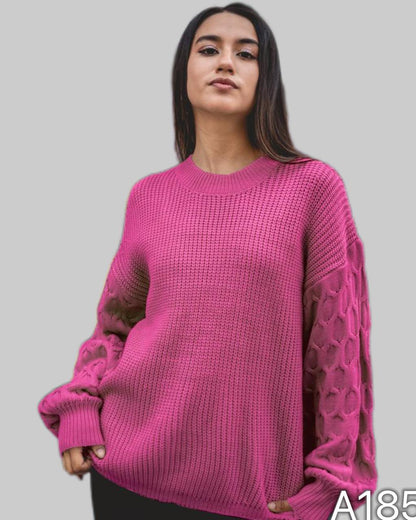 A185 - Sweater de Lana con Relieve Panal en las Mangas