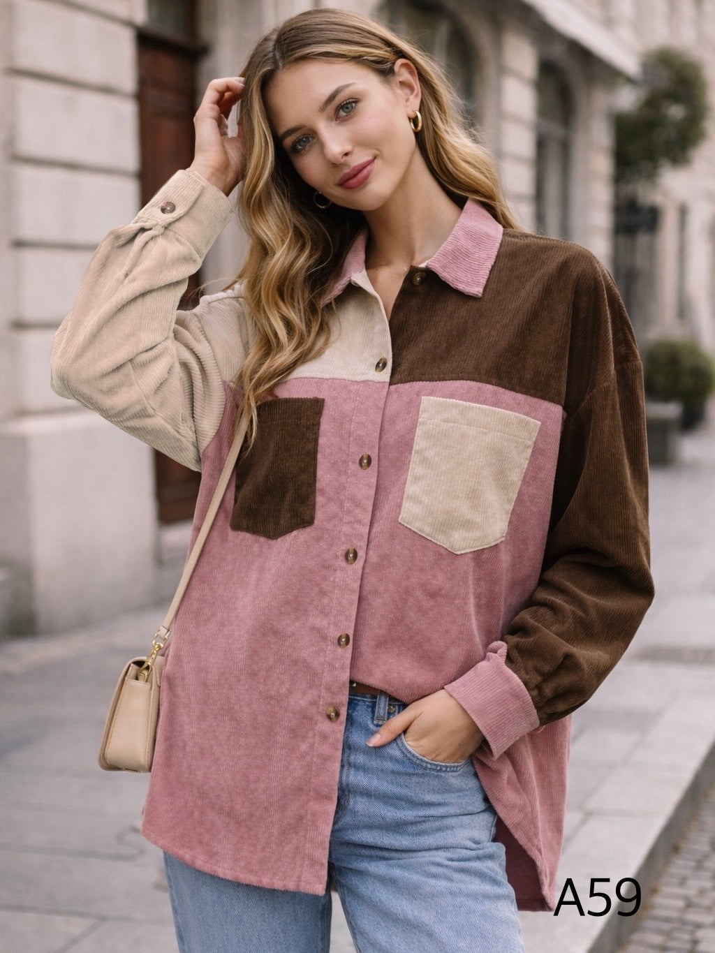 A59 - Camisa Cotelé Manga Larga Mujer Tricolor