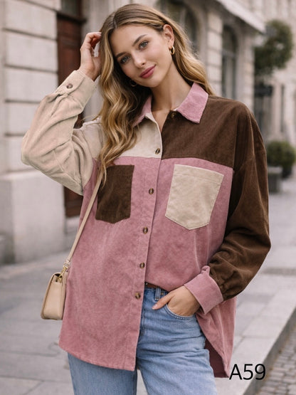 A59 - Camisa Cotelé Manga Larga Mujer Tricolor