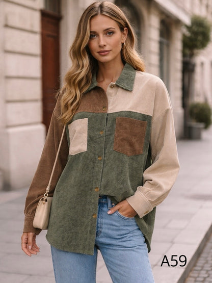 A59 - Camisa Cotelé Manga Larga Mujer Tricolor