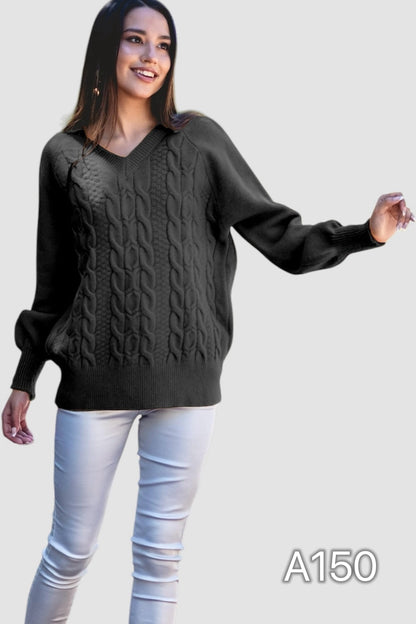 A150 - Sweater Cuello V con Diseño Trenzado