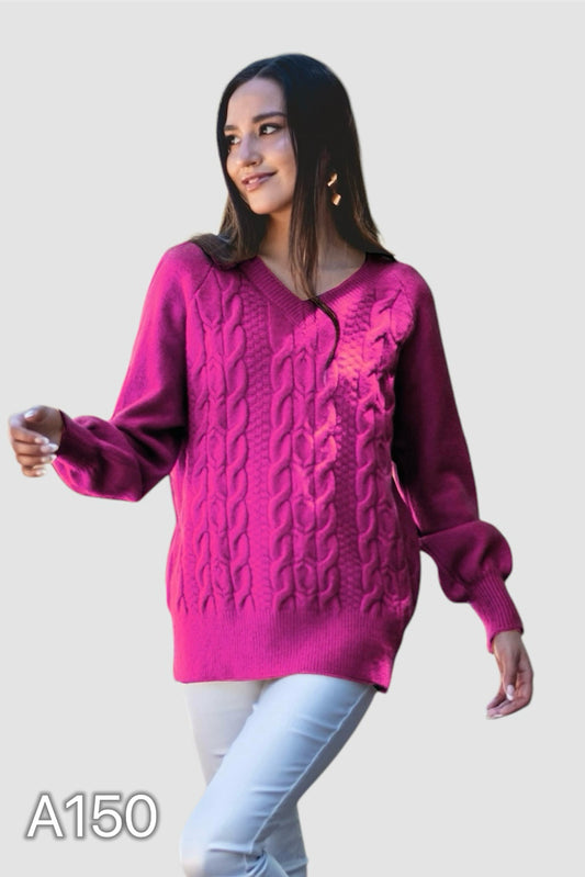 A150 - Sweater Cuello V con Diseño Trenzado