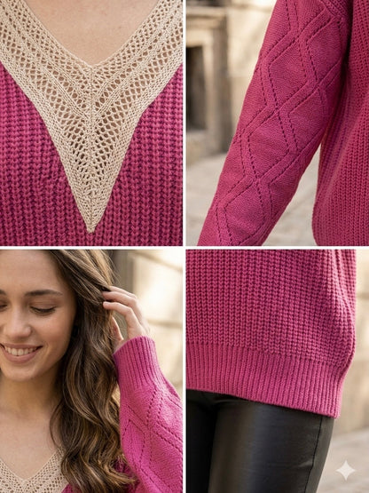 A131 - Sweater de Lana, Cuello Dorado y Mangas  Calado