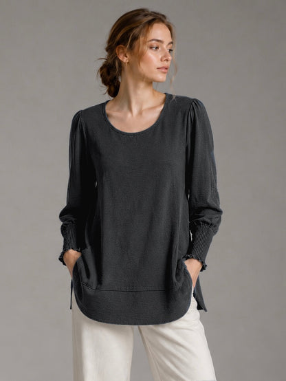 A283 - Polera Manga Larga Puño Elasticado Cuello Redondo y Bolsillos