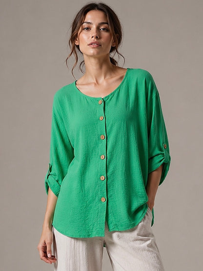 A329- Blusa de Manga Larga Ajustable a 3/4, con Cuello Redondo