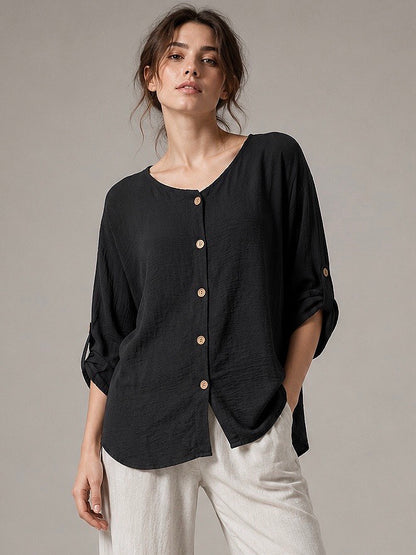 A329- Blusa de Manga Larga Ajustable a 3/4, con Cuello Redondo