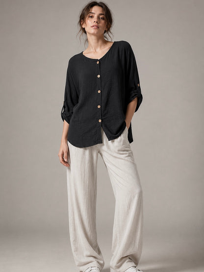 A329- Blusa de Manga Larga Ajustable a 3/4, con Cuello Redondo