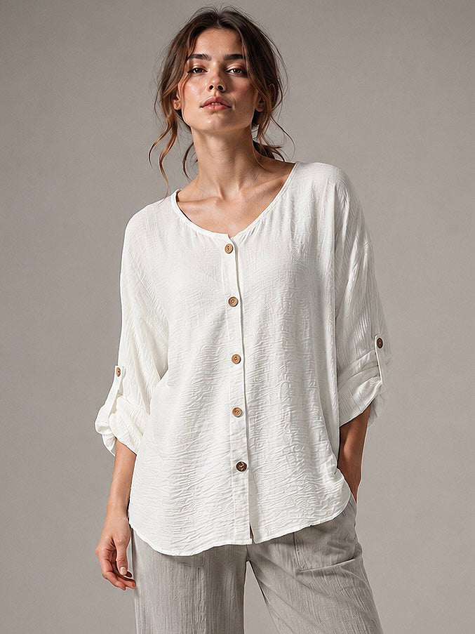 A329- Blusa de Manga Larga Ajustable a 3/4, con Cuello Redondo