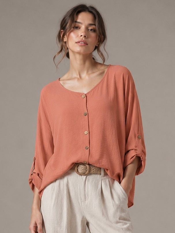 A329- Blusa de Manga Larga Ajustable a 3/4, con Cuello Redondo